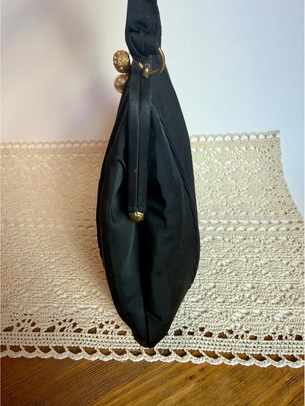Vintage Garay Black Pleated Evening Handbag Rhinestone Pearl Clasp Purse